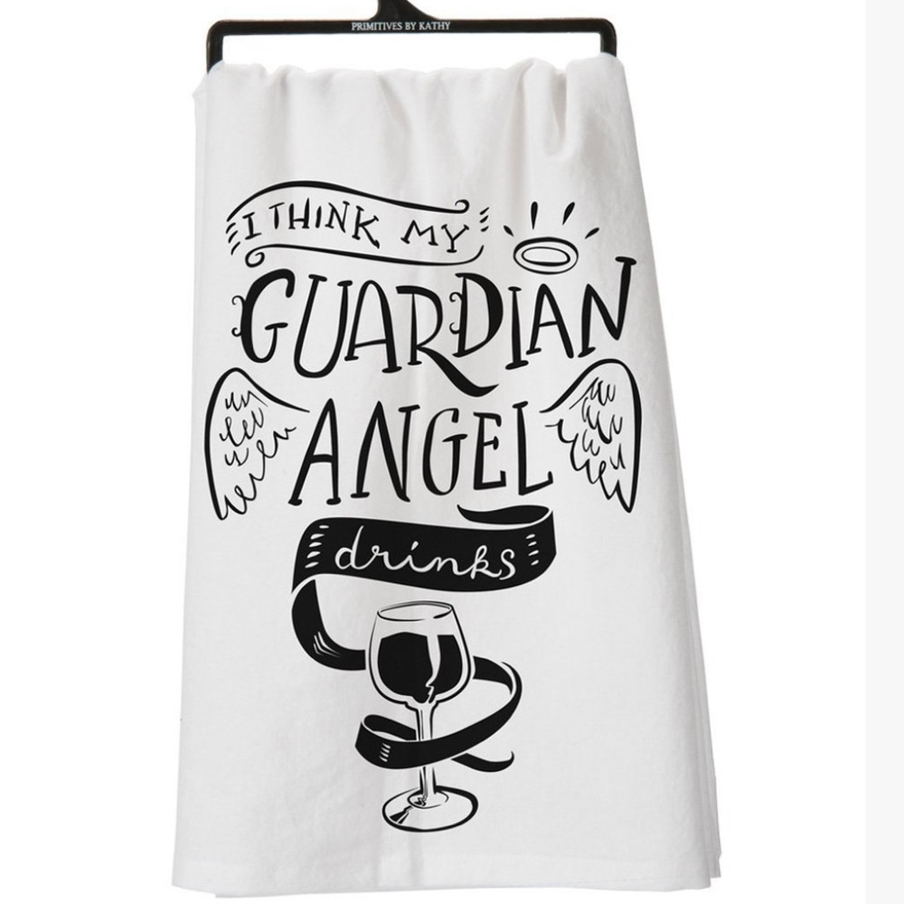 Primitives by Kathy-“I think my Guardian Angel drinks” black/white dishtowel NWT